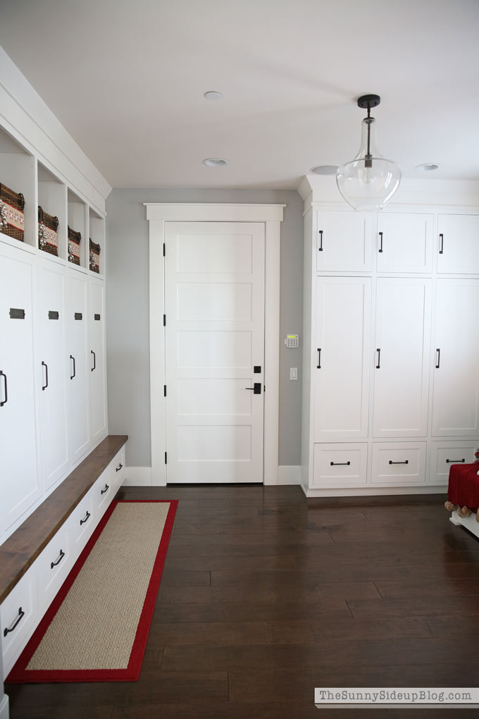 Mudroom with built-ins decked for Christmas! 