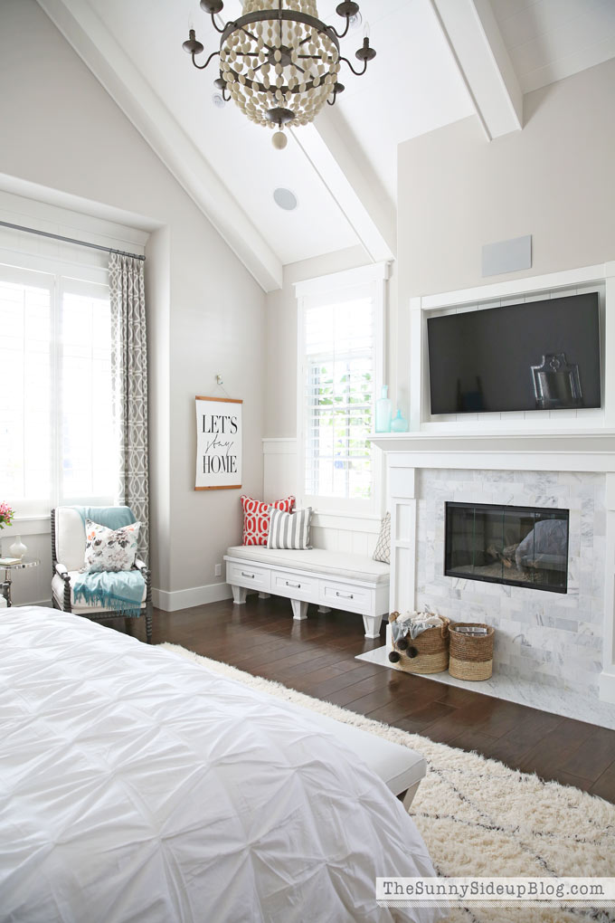 Master Bedroom Reveal! (Sunny Side Up) vaulted shiplap ceiling, plantation shutters, custom window bench seats, linen cabinet, french doors, wood floors, marble fireplace, sitting area, desk work space, spindle chairs.