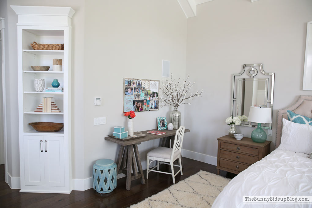 Master Bedroom Reveal! (Sunny Side Up) vaulted shiplap ceiling, plantation shutters, custom window bench seats, linen cabinet, french doors, wood floors, marble fireplace, sitting area, desk work space, spindle chairs.