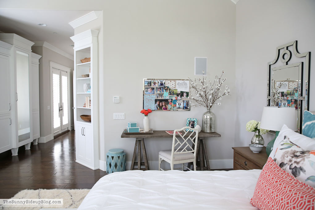 Master Bedroom Reveal! (Sunny Side Up) vaulted shiplap ceiling, plantation shutters, custom window bench seats, linen cabinet, french doors, wood floors, marble fireplace, sitting area, desk work space, spindle chairs.