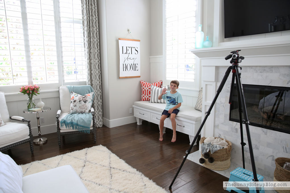 Master Bedroom Reveal! (Sunny Side Up) vaulted shiplap ceiling, plantation shutters, custom window bench seats, linen cabinet, french doors, wood floors, marble fireplace, sitting area, desk work space, spindle chairs.