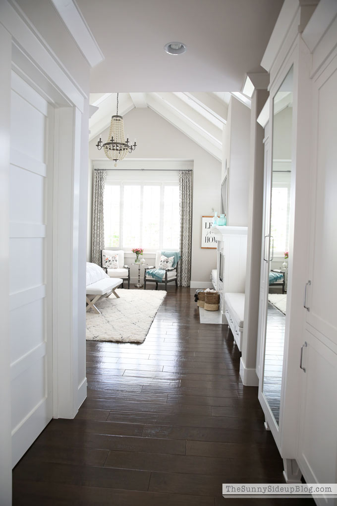 Master Bedroom Reveal! (Sunny Side Up) vaulted shiplap ceiling, plantation shutters, custom window bench seats, linen cabinet, french doors, wood floors, marble fireplace, sitting area, desk work space.