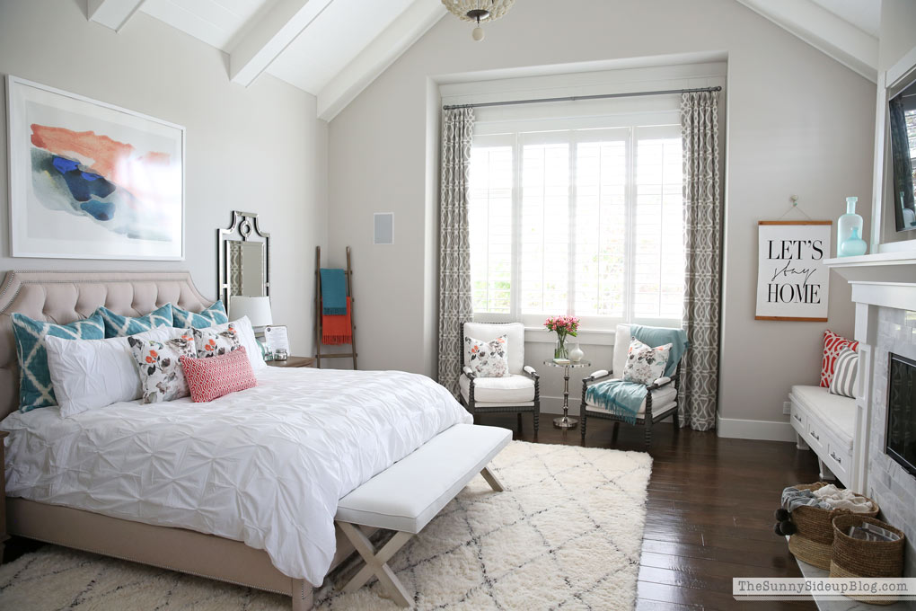 Master Bedroom Reveal! (Sunny Side Up) vaulted shiplap ceiling, plantation shutters, custom window bench seats, linen cabinet, french doors, wood floors, marble fireplace, sitting area, desk work space.