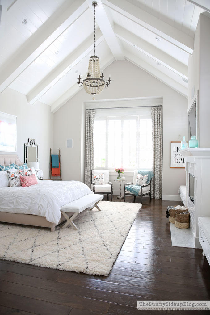 Master Bedroom Reveal! (Sunny Side Up) vaulted shiplap ceiling, plantation shutters, custom window bench seats, linen cabinet, french doors, wood floors, marble fireplace, sitting area, desk work space.