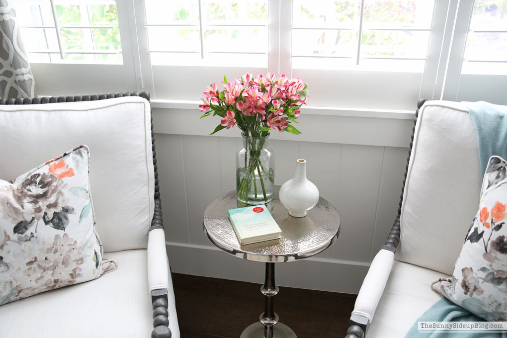 Master Bedroom Reveal! (Sunny Side Up) vaulted shiplap ceiling, plantation shutters, custom window bench seats, linen cabinet, french doors, wood floors, marble fireplace, sitting area, desk work space, spindle chairs.