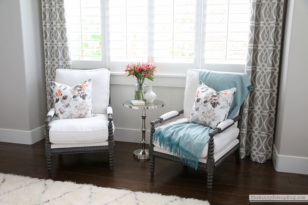 Master Bedroom Reveal! (Sunny Side Up) vaulted shiplap ceiling, plantation shutters, custom window bench seats, linen cabinet, french doors, wood floors, marble fireplace, sitting area, desk work space.