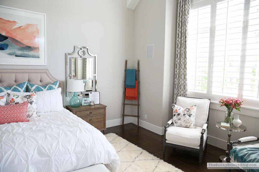 Master Bedroom Reveal! (Sunny Side Up) vaulted shiplap ceiling, plantation shutters, custom window bench seats, linen cabinet, french doors, wood floors, marble fireplace, sitting area, desk work space.