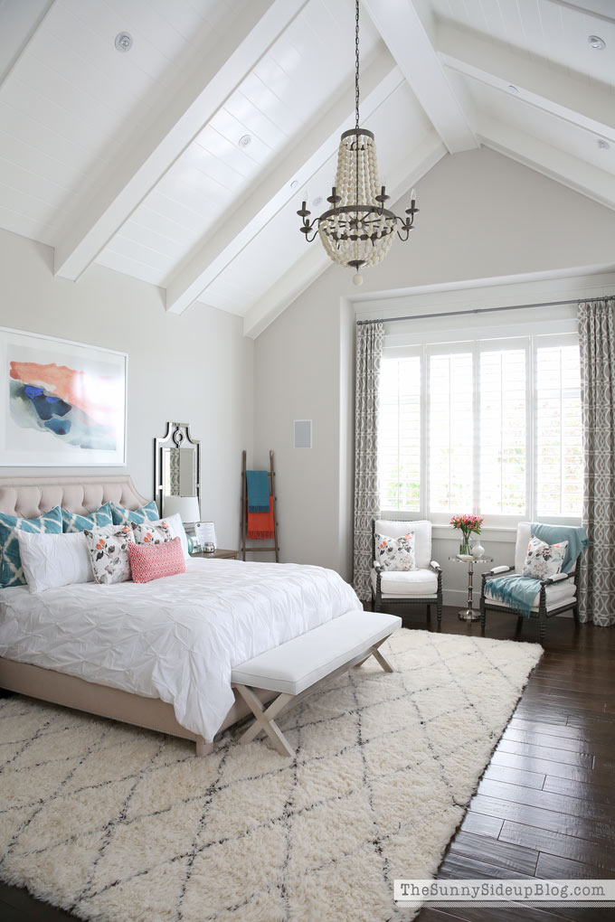 Master Bedroom Reveal! (Sunny Side Up) vaulted shiplap ceiling, plantation shutters, custom window bench seats, linen cabinet, french doors, wood floors, marble fireplace, sitting area, desk work space, spindle chairs.