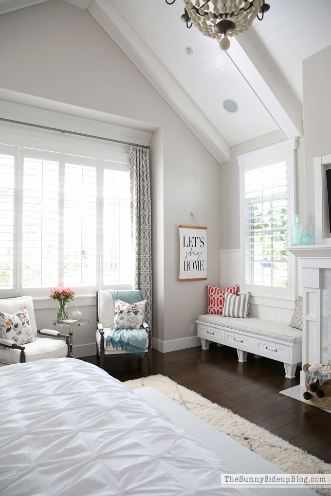 Master Bedroom Reveal! (Sunny Side Up) vaulted shiplap ceiling, plantation shutters, custom window bench seats, linen cabinet, french doors, wood floors, marble fireplace, sitting area, desk work space, spindle chairs.