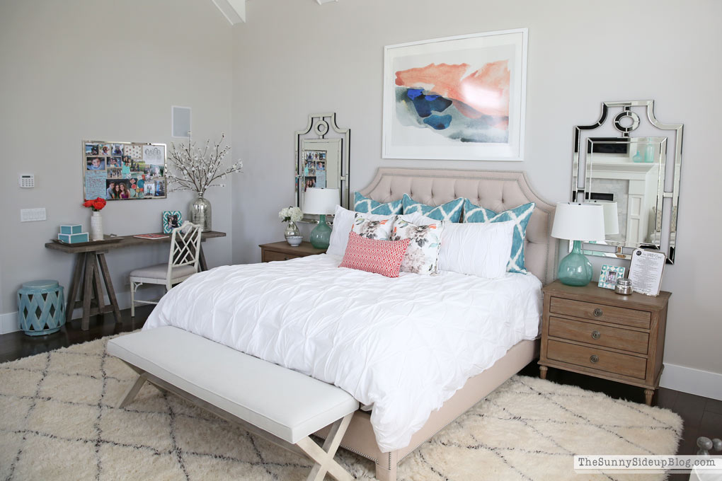 Master Bedroom Reveal! (Sunny Side Up) vaulted shiplap ceiling, plantation shutters, custom window bench seats, linen cabinet, french doors, wood floors, marble fireplace, sitting area, desk work space, spindle chairs.