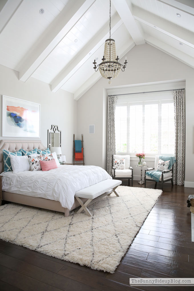 Master Bedroom Reveal! (Sunny Side Up) vaulted shiplap ceiling, plantation shutters, custom window bench seats, linen cabinet, french doors, wood floors, marble fireplace, sitting area, desk work space.