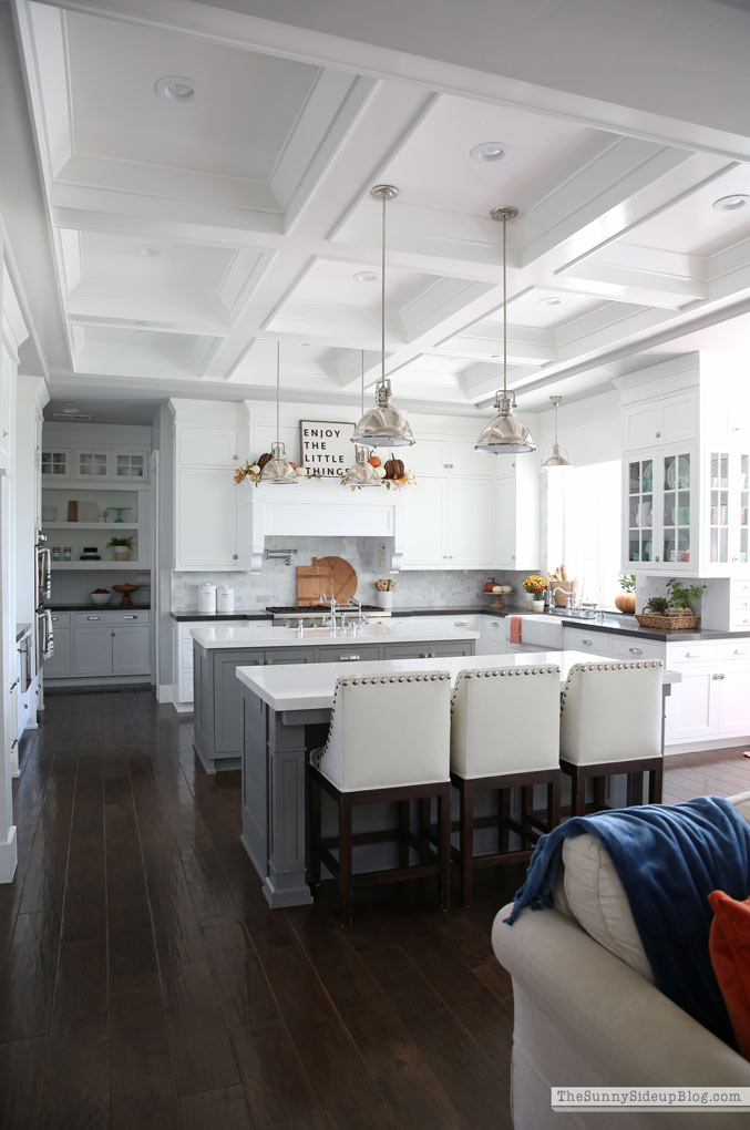 Fall Kitchen Decor (Sunny Side Up) #cofferedceiling #doubleislands 